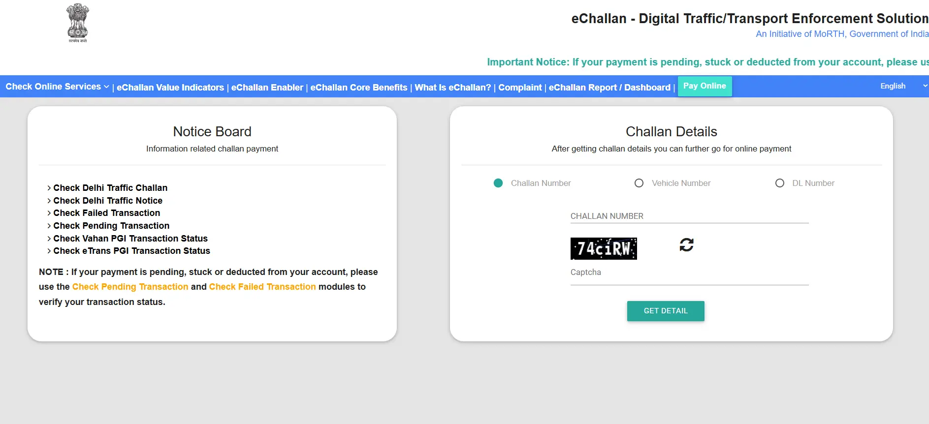 Parivahan E Challan Interface