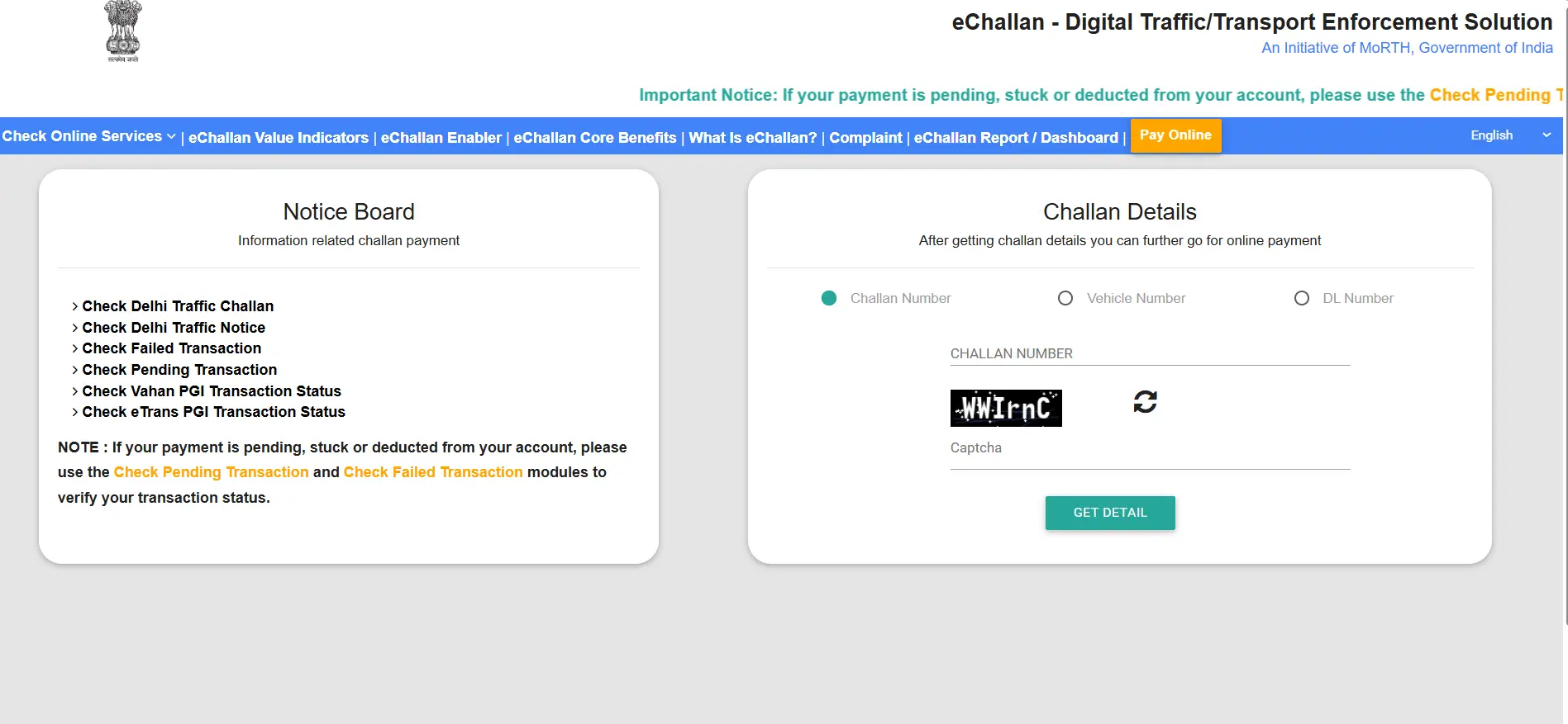 Parivahan E Challan Interface