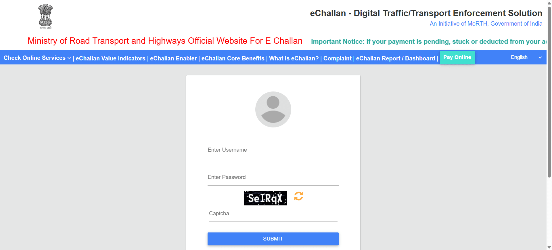 Morth Official website - Pay E challan Online Guide -Step 1